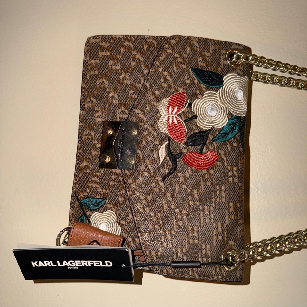 Karl Lagerfeld Brown Floral Chain Shoulder Bag - Picture 3 of 3